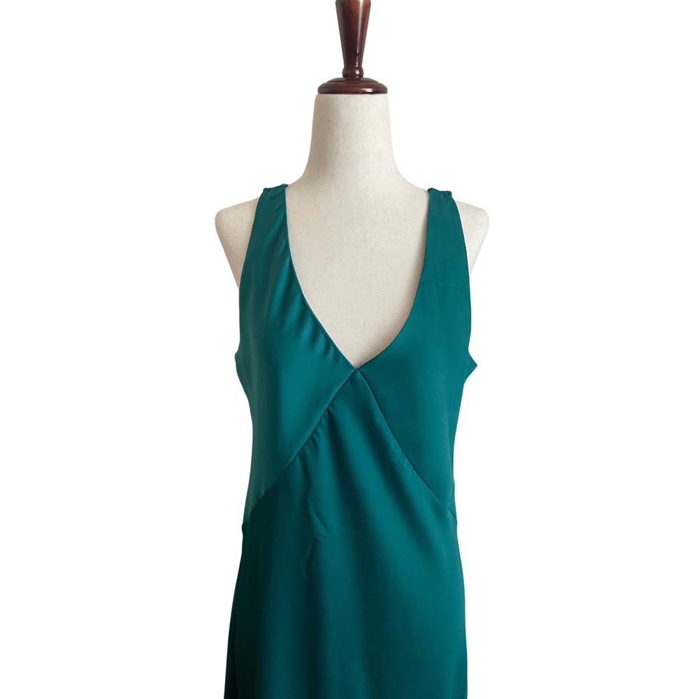 NWT Y2K Babydoll Satin Maxi Slip Dress Green Side Slit Medium Event Formal Chic - Picture 3 of 8
